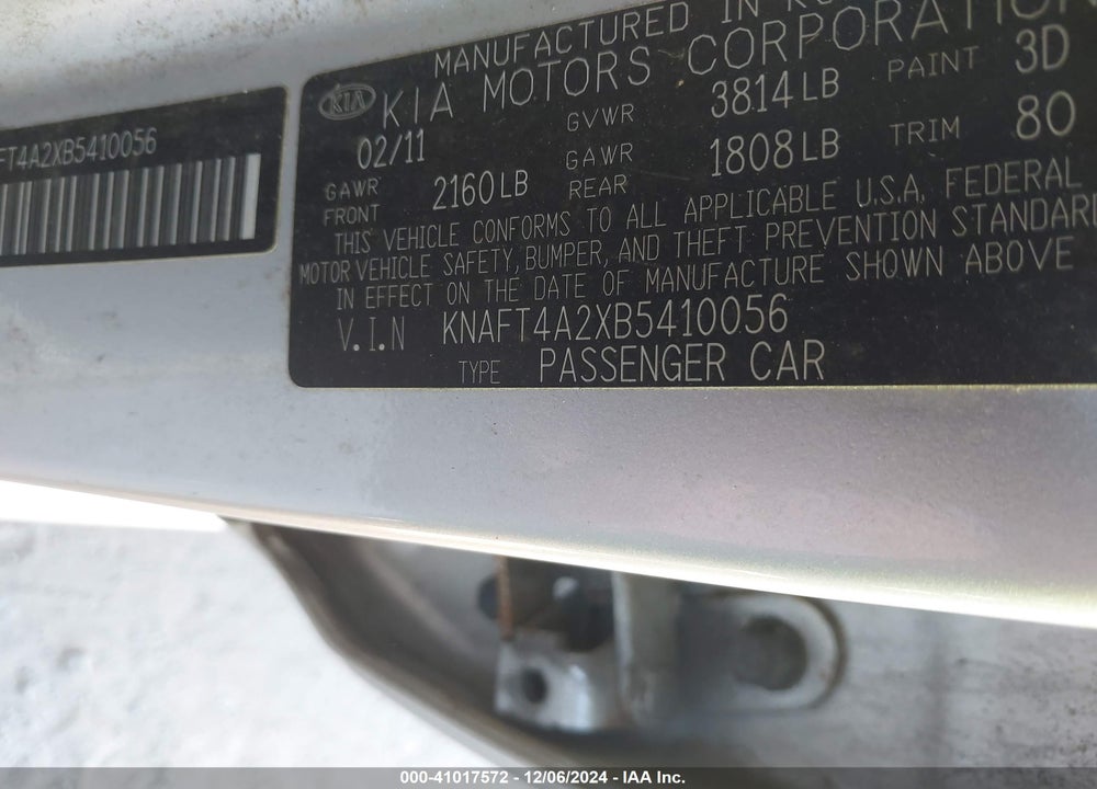 2011 KIA FORTE LX VIN: KNAFT4A2XB5410056