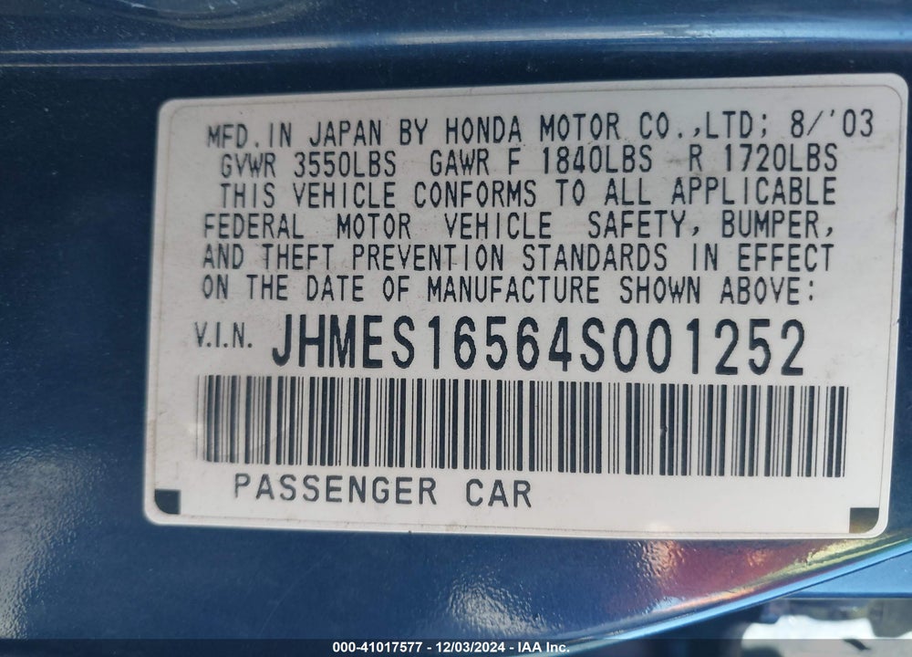 2004 HONDA CIVIC LX VIN: JHMES16564S001252