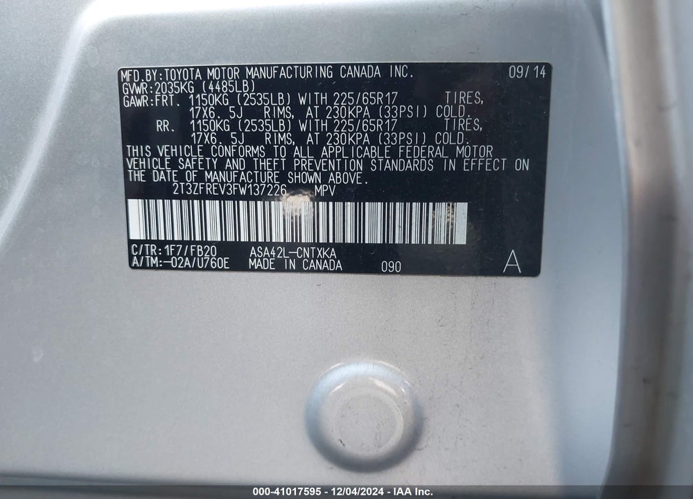 2015 TOYOTA RAV4 LE VIN: 2T3ZFREV3FW137226