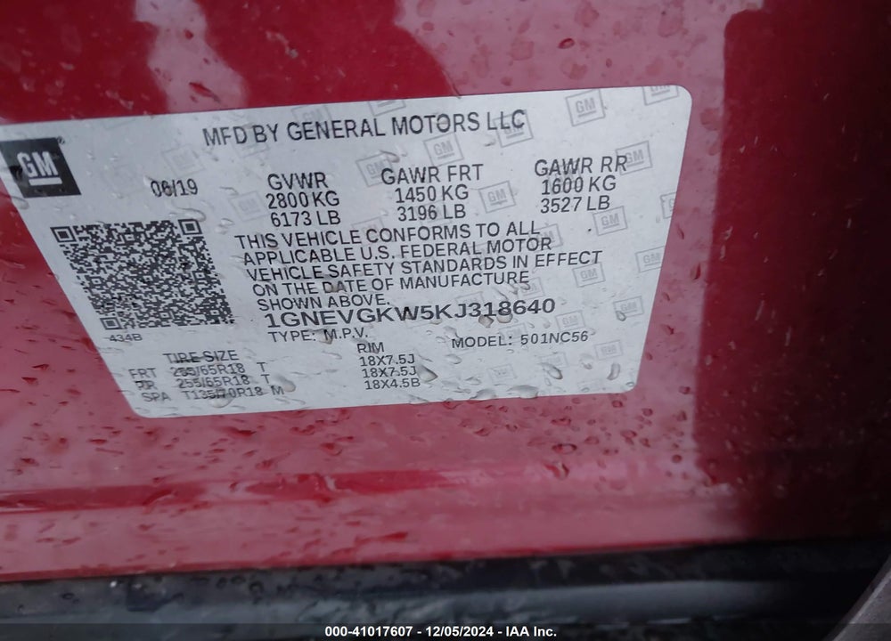 2019 CHEVROLET TRAVERSE 1LT VIN: 1GNEVGKW5KJ318640