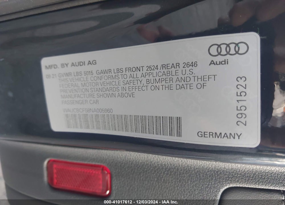 2022 AUDI A5 SPORTBACK PREMIUM PLUS 40 TFSI QUATTRO S TRONIC VIN: WAUCBCF58NA005960