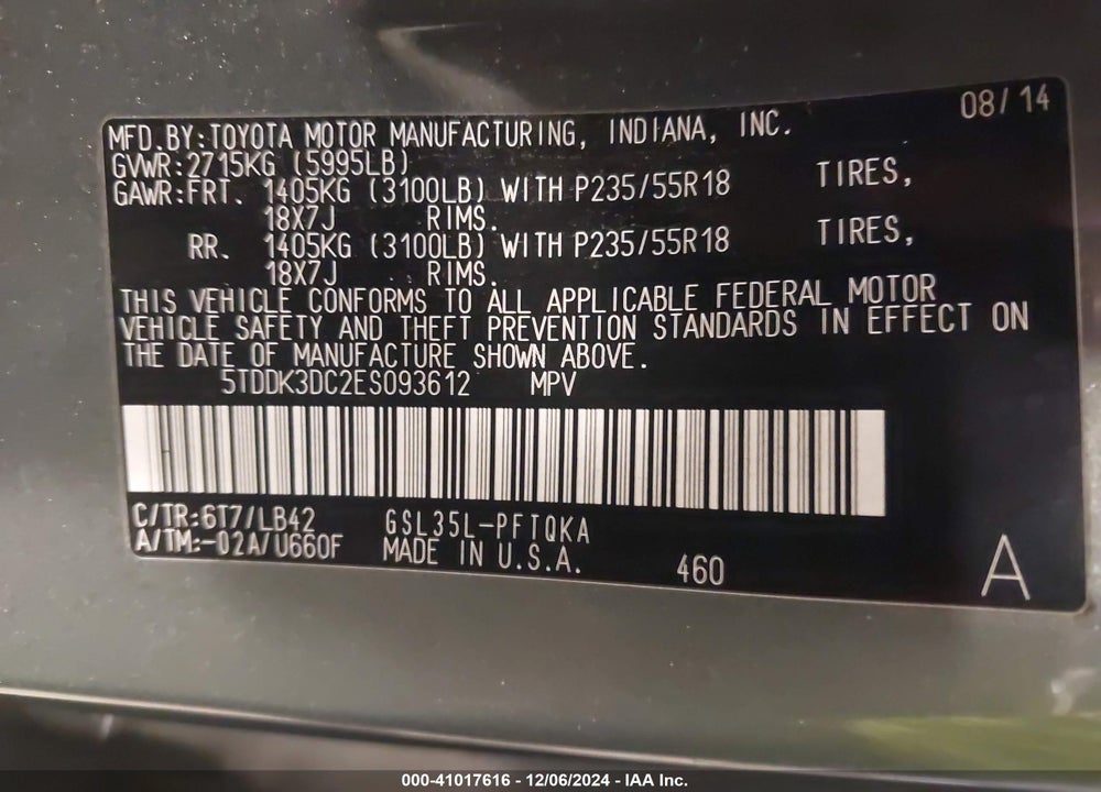 2014 TOYOTA SIENNA XLE LIMITED VIN: 5TDDK3DC2ES093612