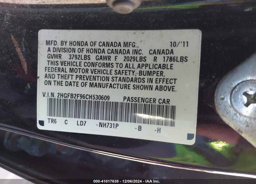2012 HONDA CIVIC EX-L VIN: 2HGFB2F96CH530609