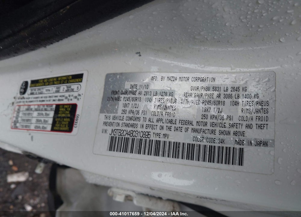 2011 MAZDA CX-9 TOURING VIN: JM3TB2CA4B0310895