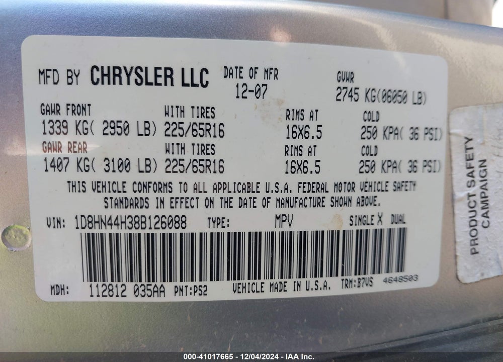 2008 DODGE GRAND CARAVAN SE VIN: 1D8HN44H38B126088