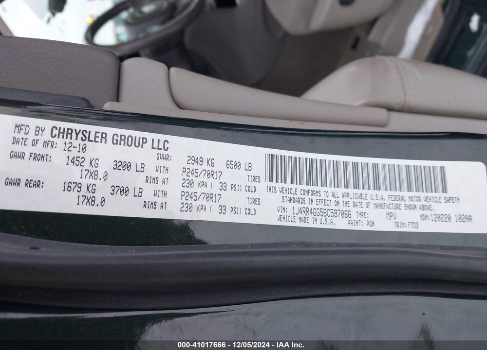 2011 JEEP GRAND CHEROKEE LAREDO VIN: 1J4RR4GG5BC597066