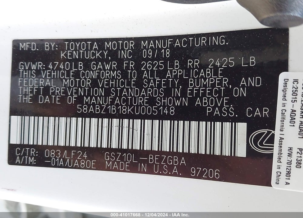 2019 LEXUS ES 350 VIN: 58ABZ1B18KU005148