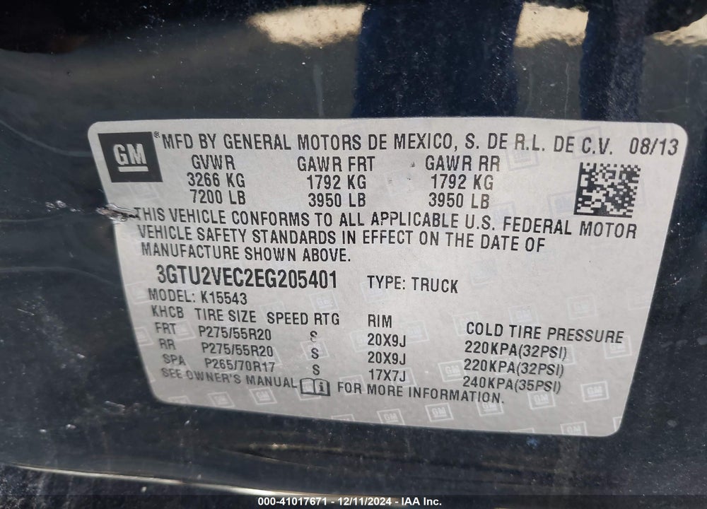 2014 GMC SIERRA 1500 SLT VIN: 3GTU2VEC2EG205401