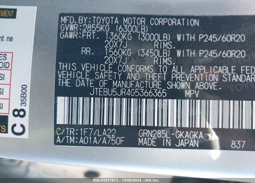 2016 TOYOTA 4RUNNER LIMITED VIN: JTEBU5JR4G5366365