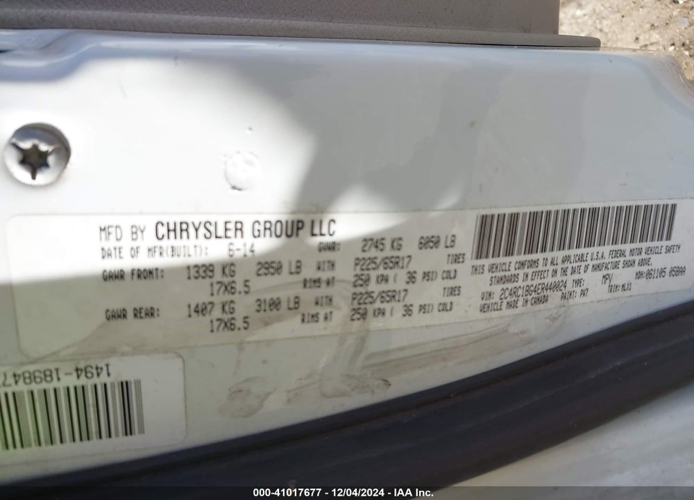 2014 CHRYSLER TOWN & COUNTRY TOURING VIN: 2C4RC1BG4ER440024