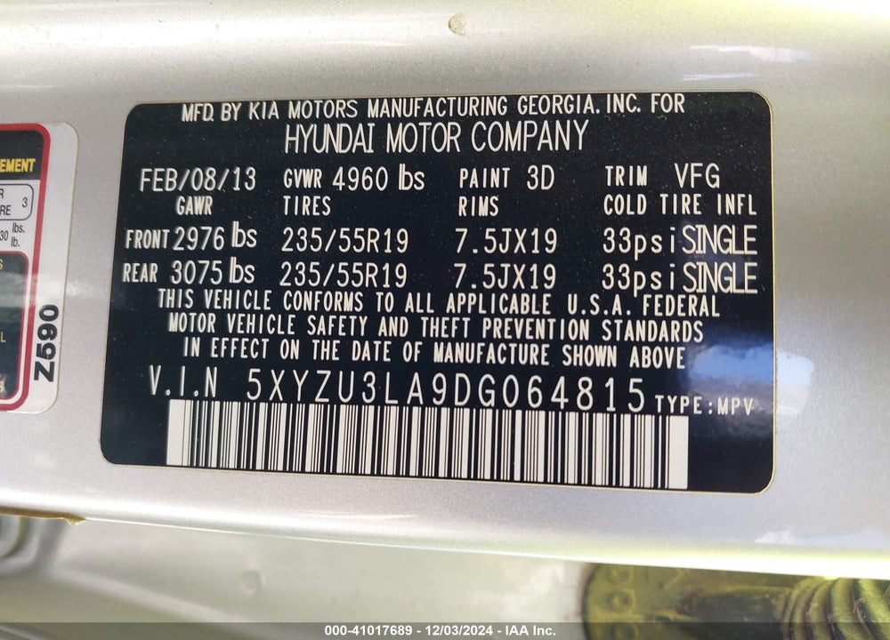 2013 HYUNDAI SANTA FE SPORT 2.0T VIN: 5XYZU3LA9DG064815