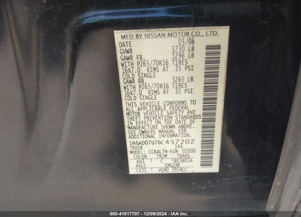 2006 NISSAN FRONTIER SE VIN: 1N6AD07U76C457202