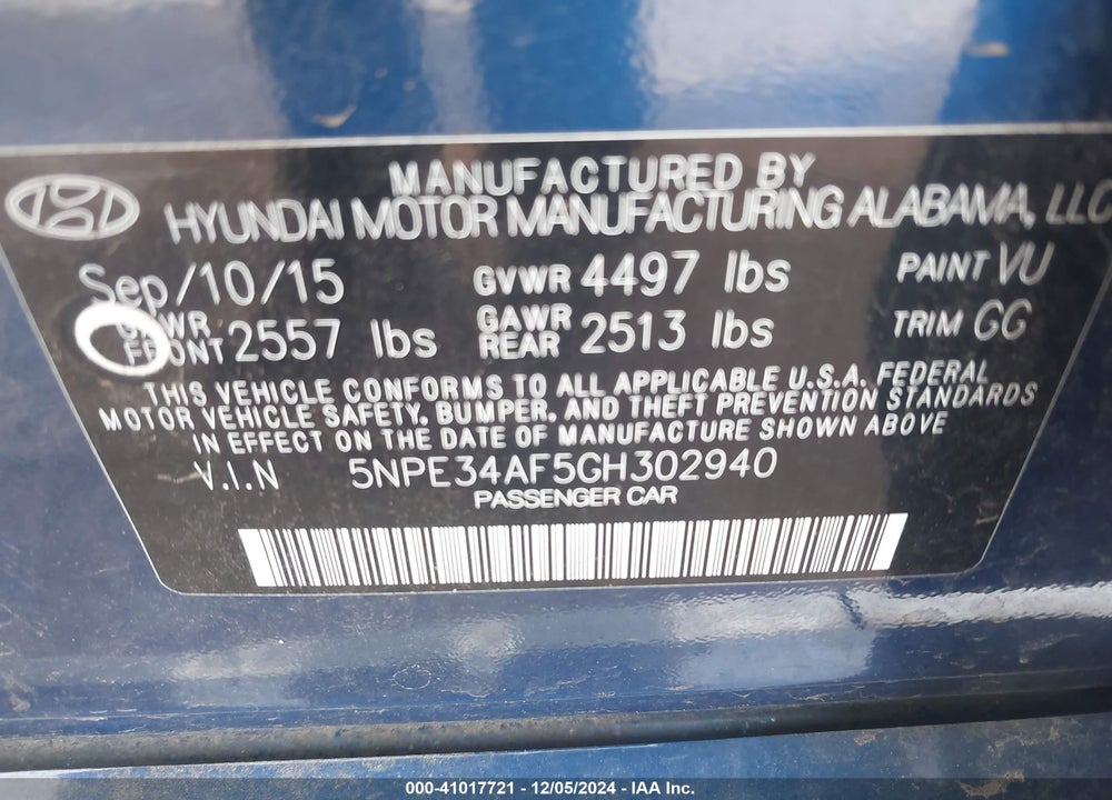 2016 HYUNDAI SONATA VIN: 5NPE34AF5GH302940
