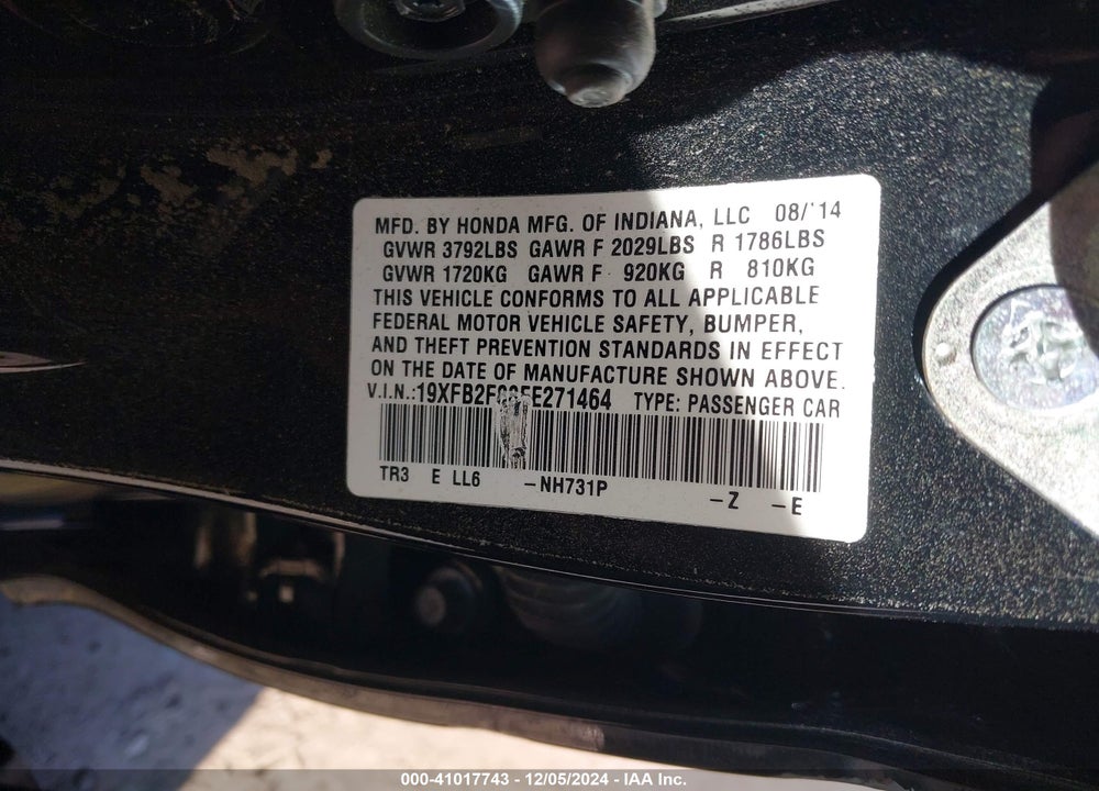 2014 HONDA CIVIC EX VIN: 19XFB2F88EE271464
