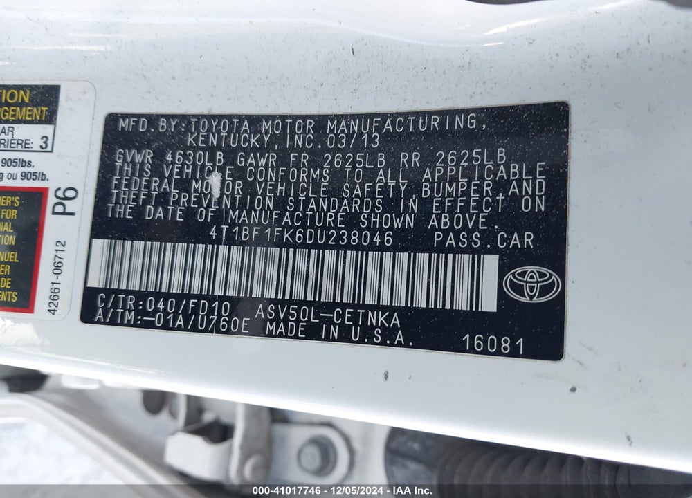 2013 TOYOTA CAMRY LE VIN: 4T1BF1FK6DU238046