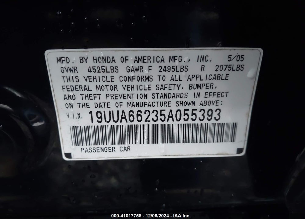 2005 ACURA TL VIN: 19UUA66235A055393