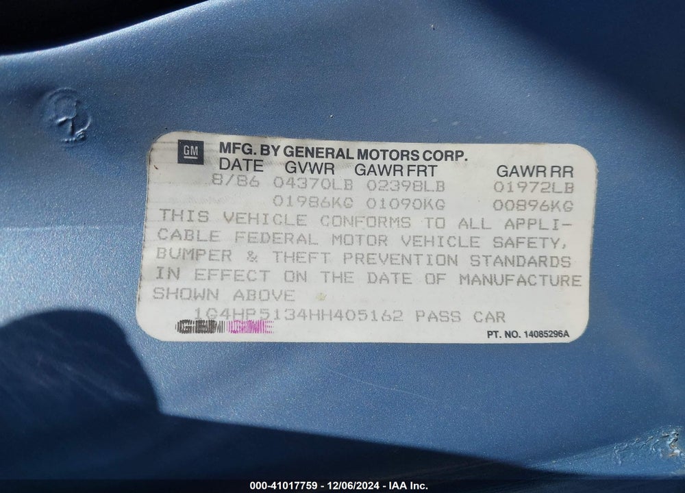 1987 BUICK LESABRE CUSTOM VIN: 1G4HP5134HH405162