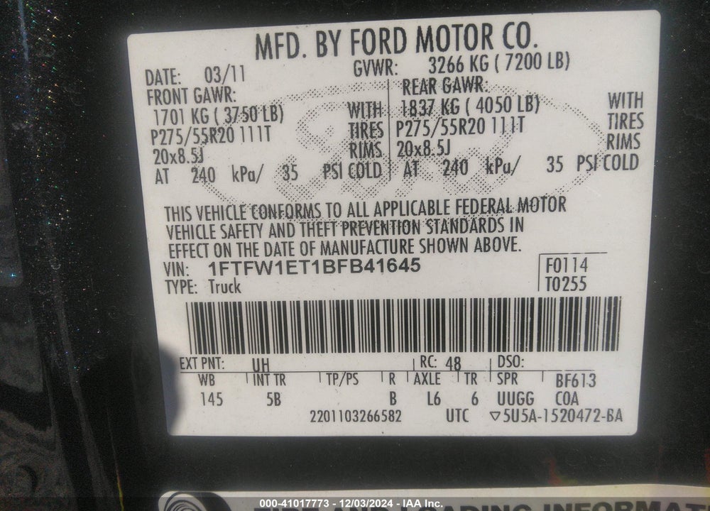 2011 FORD F-150 FX4 VIN: 1FTFW1ET1BFB41645