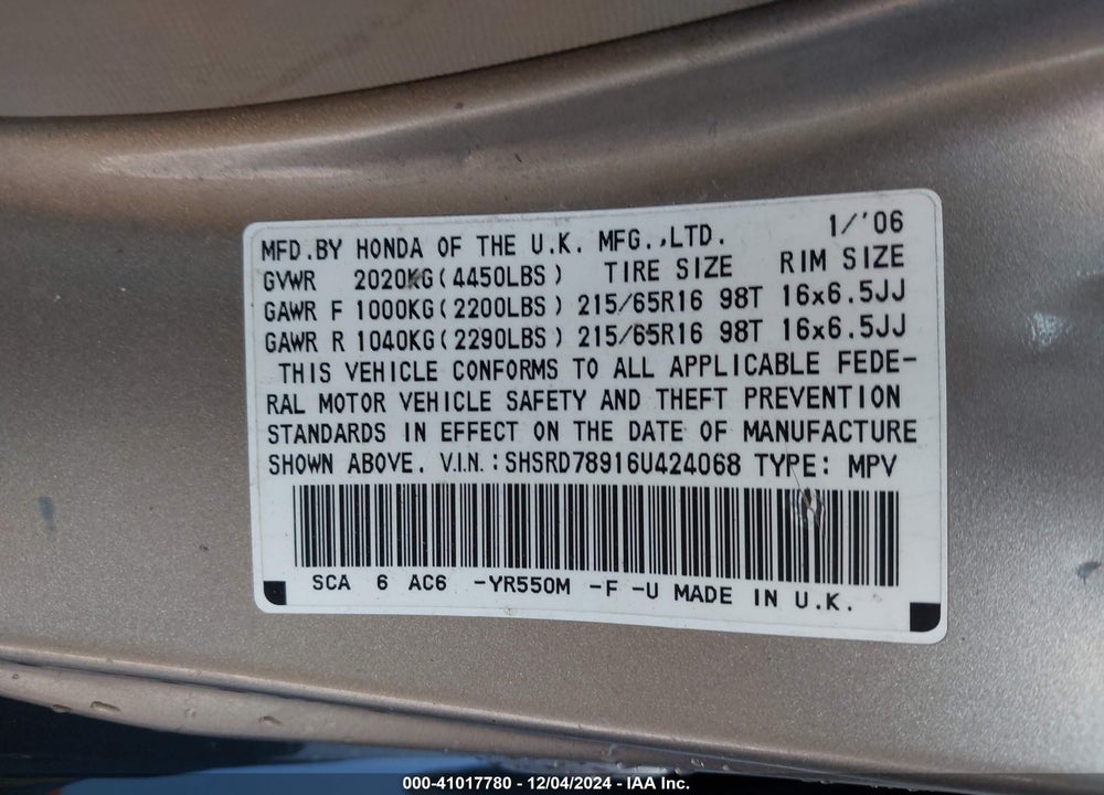 2006 HONDA CR-V SE VIN: SHSRD78916U424068
