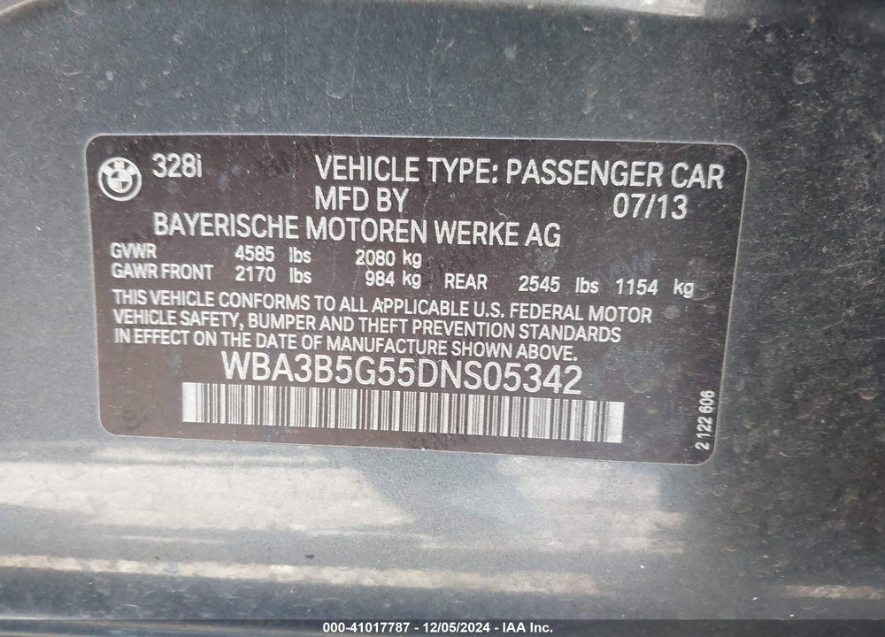 2013 BMW 328I XDRIVE VIN: WBA3B5G55DNS05342