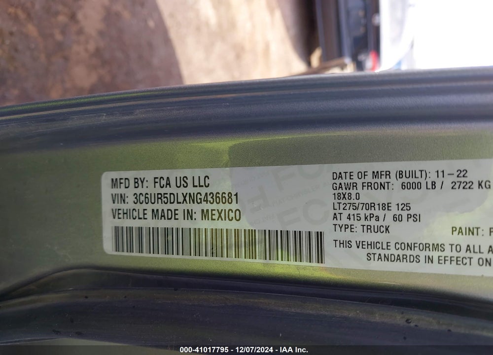 2022 RAM 2500 BIG HORN 4X4 6'4 BOX VIN: 3C6UR5DLXNG436681