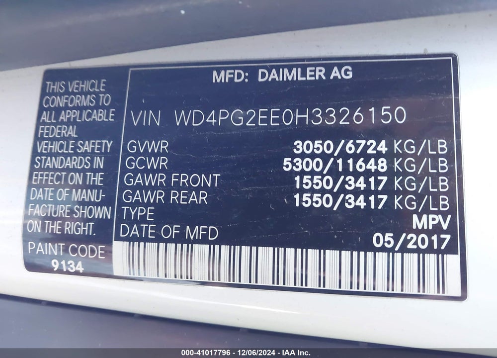 2017 MERCEDES-BENZ METRIS VIN: WD4PG2EE0H3326150