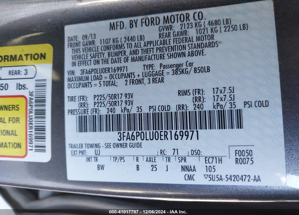 2014 FORD FUSION HYBRID SE VIN: 3FA6P0LU0ER169971