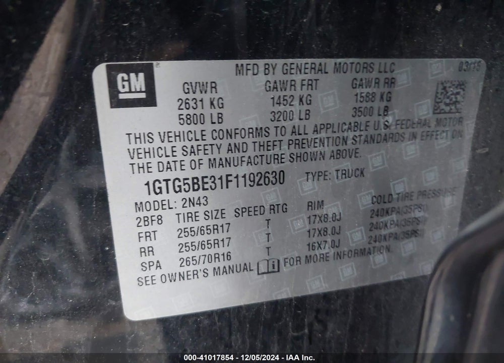 2015 GMC CANYON SLE VIN: 1GTG5BE31F1192630