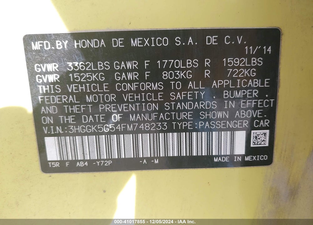 2015 HONDA FIT LX VIN: 3HGGK5G54FM748233