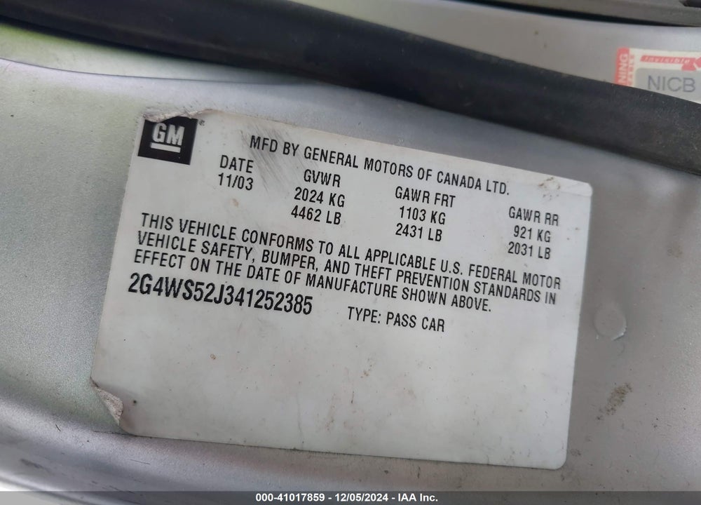 2004 BUICK CENTURY VIN: 2G4WS52J341252385