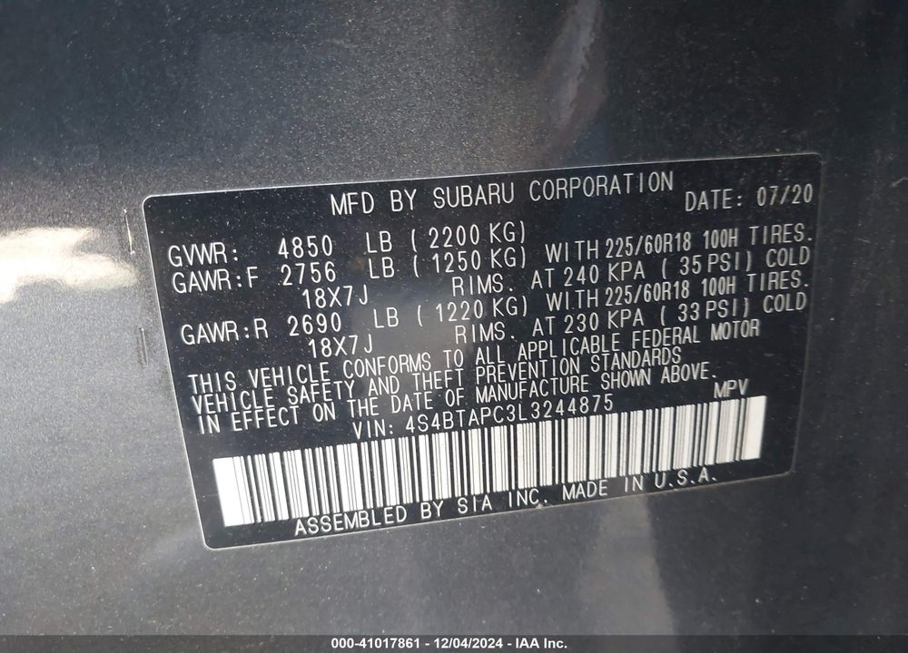 2020 SUBARU OUTBACK TOURING VIN: 4S4BTAPC3L3244875