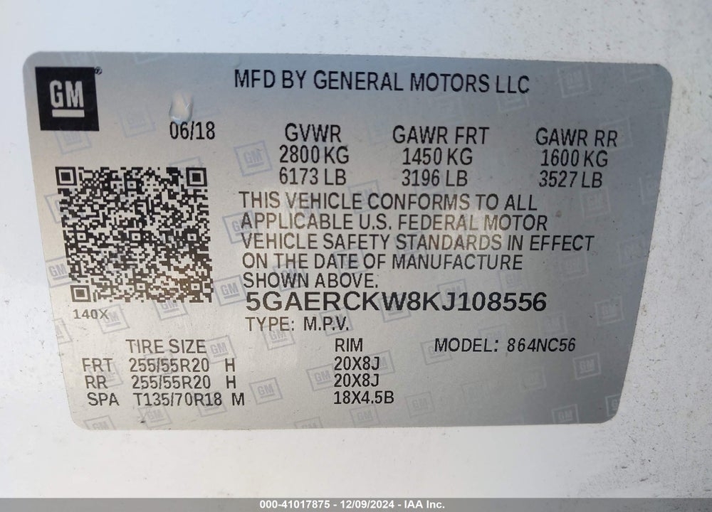 2019 BUICK ENCLAVE FWD PREMIUM VIN: 5GAERCKW8KJ108556
