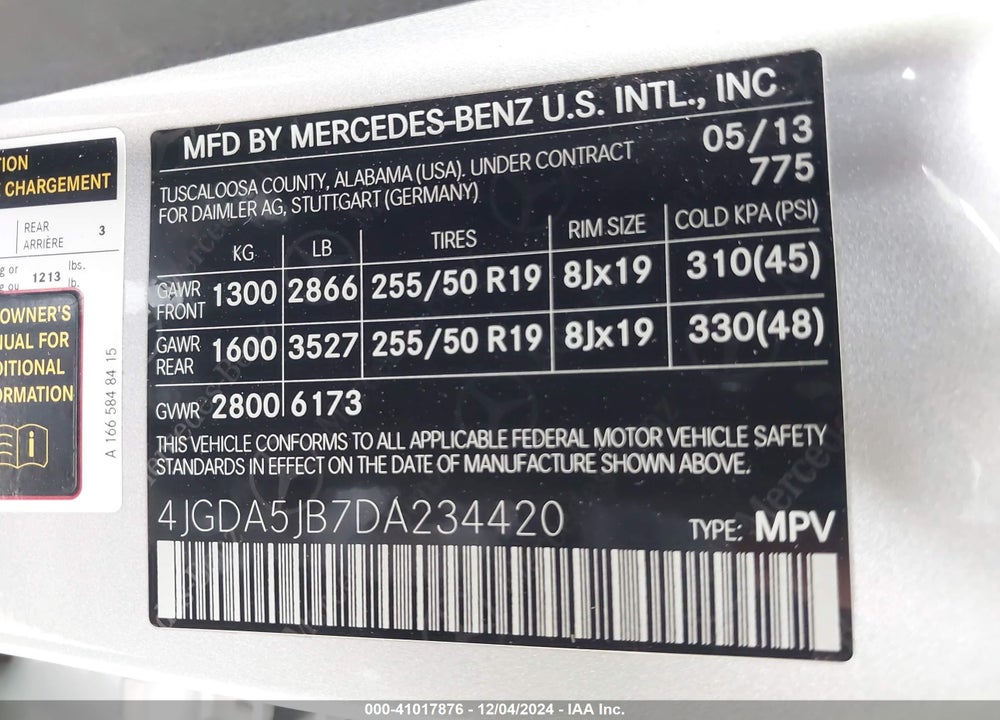 2013 MERCEDES-BENZ ML 350 VIN: 4JGDA5JB7DA234420