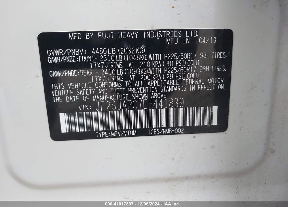 2014 SUBARU FORESTER 2.5I TOURING VIN: JF2SJAPC7EH441839
