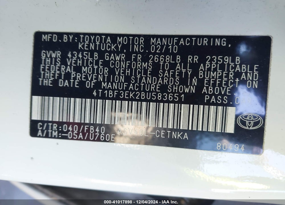 2011 TOYOTA CAMRY LE VIN: 4T1BF3EK2BU583651