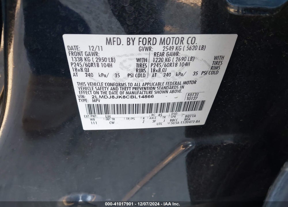 2012 LINCOLN MKX VIN: 2LMDJ8JK8CBL14866