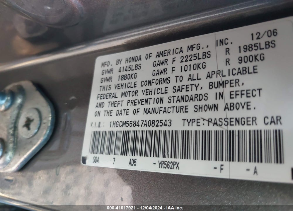 2007 HONDA ACCORD 2.4 EX VIN: 1HGCM56847A082543