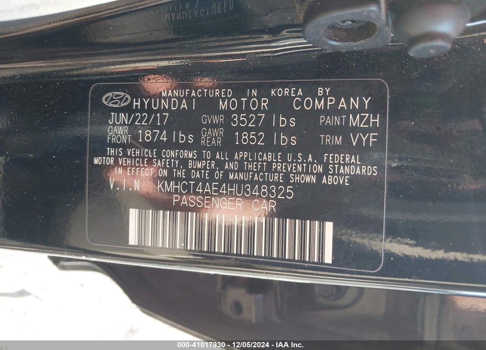 2017 HYUNDAI ACCENT VIN: KMHCT4AE4HU348325