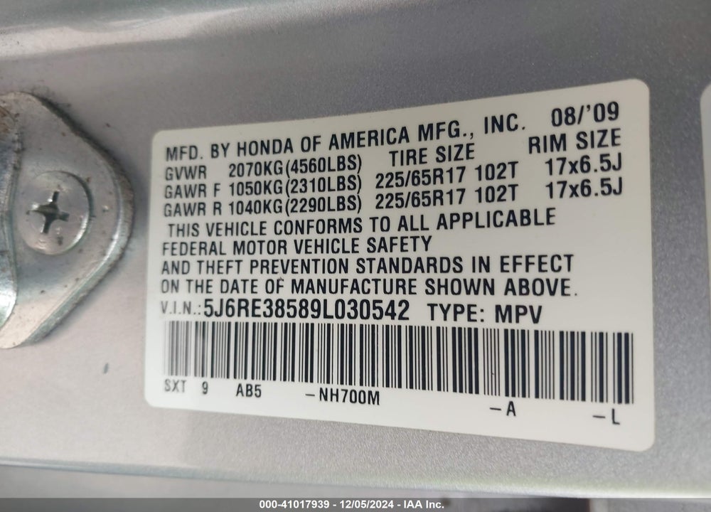 2009 HONDA CR-V EX VIN: 5J6RE38589L030542