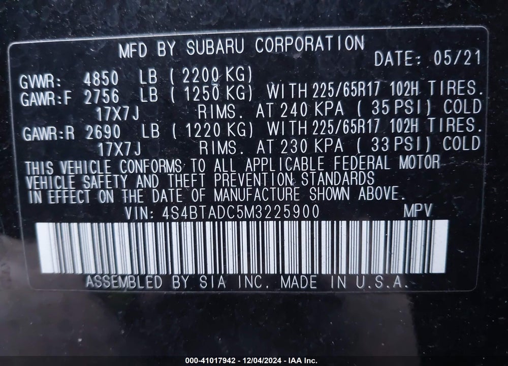 2021 SUBARU OUTBACK PREMIUM VIN: 4S4BTADC5M3225900