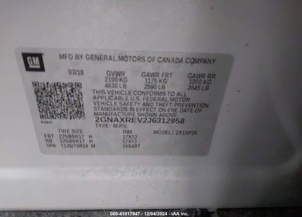 2018 CHEVROLET EQUINOX LS VIN: 2GNAXREV2J6312958
