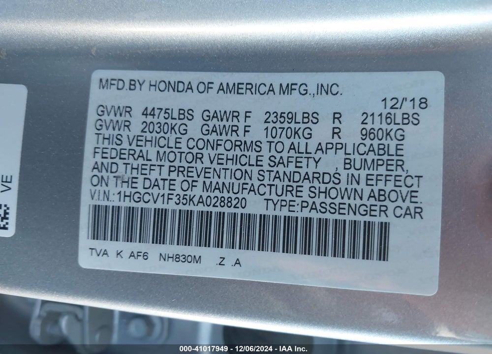 2019 HONDA ACCORD SPORT VIN: 1HGCV1F35KA028820