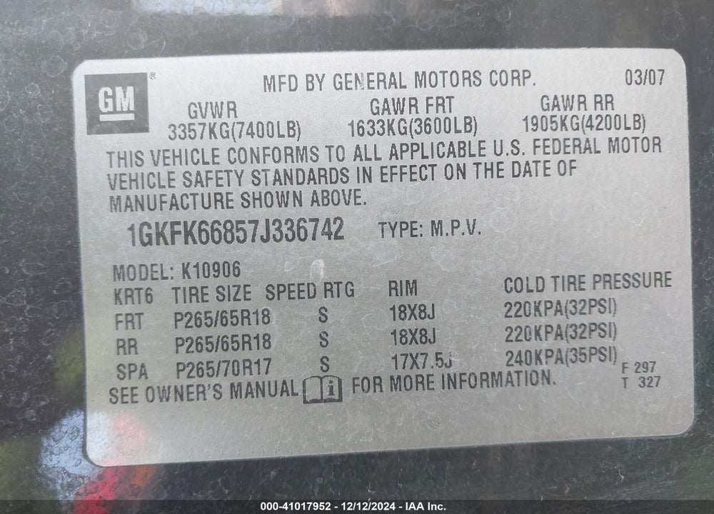 2007 GMC YUKON XL 1500 DENALI VIN: 1GKFK66857J336742