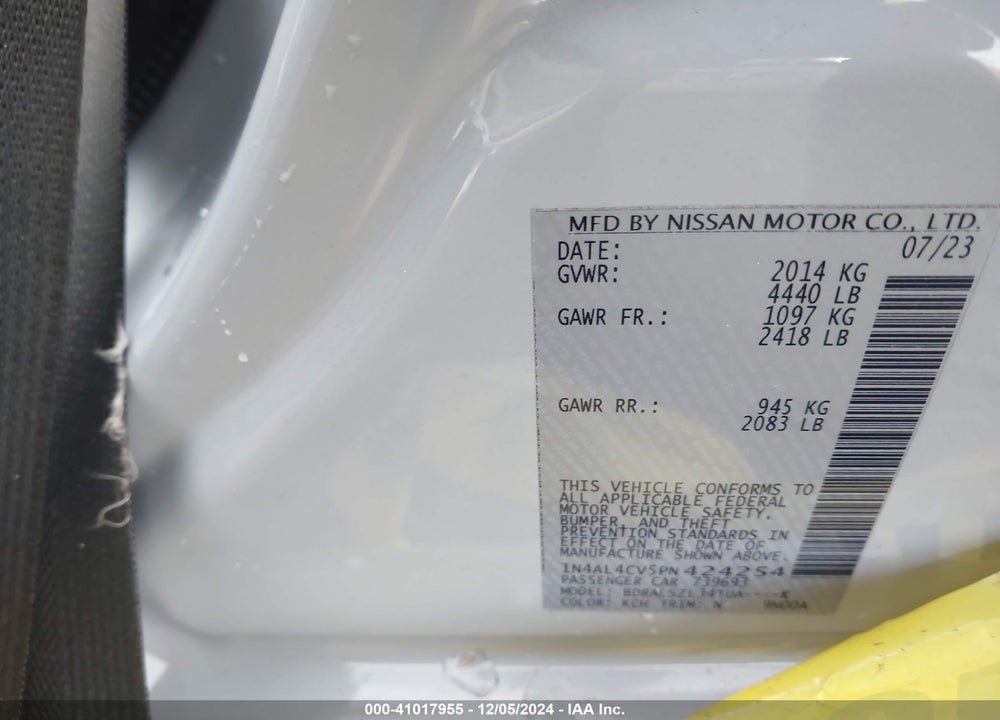 2023 NISSAN ALTIMA VIN: 1N4AL4CV5PN424254