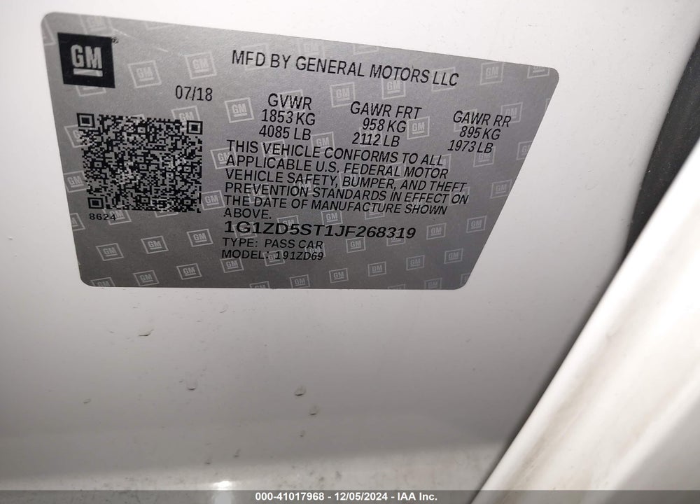 2018 CHEVROLET MALIBU LT VIN: 1G1ZD5ST1JF268319