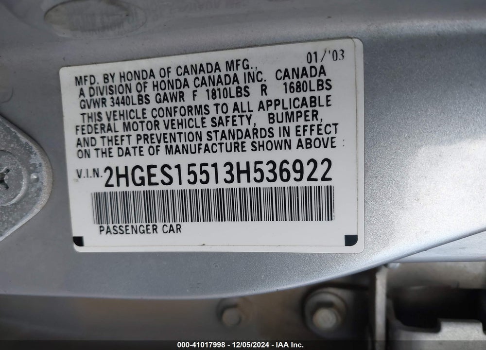 2003 HONDA CIVIC LX VIN: 2HGES15513H536922