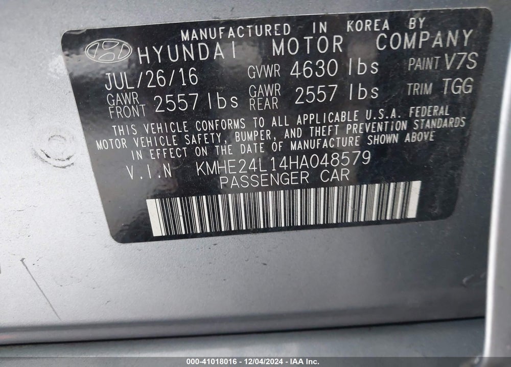 2017 HYUNDAI SONATA VIN: KMHE24L14HA048579