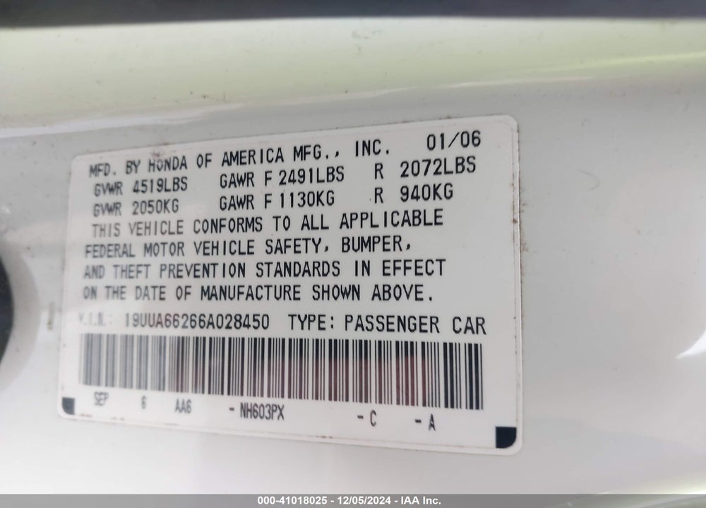 2006 ACURA TL VIN: 19UUA66266A028450