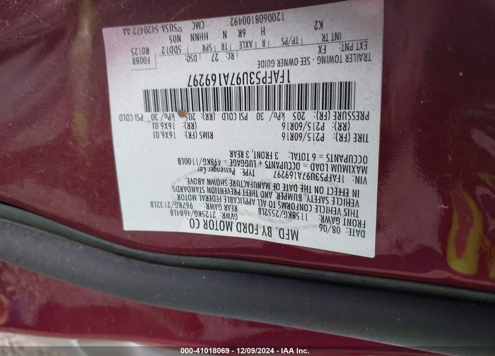 2007 FORD TAURUS SE VIN: 1FAFP53U97A169297