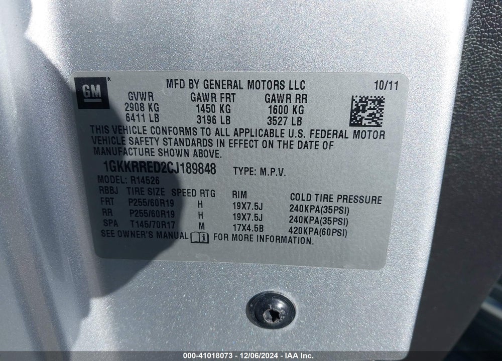 2012 GMC ACADIA SLT-1 VIN: 1GKKRRED2CJ189848